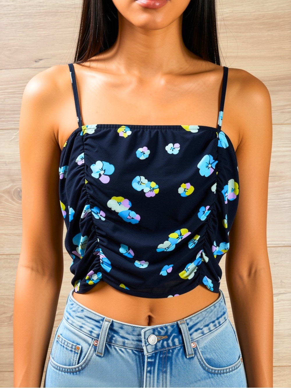 bp. Black Floral Ruched Spaghetti Strap Crop Top XS